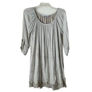 Nicole Silk Blend Tunic, Sz. S, Beige, 3/4 Sleeves, Lace Front Hem & Embroidered